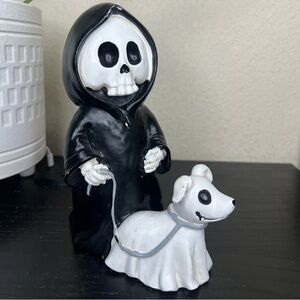 Halloween Grim Reaper Skeleton Walking a Ghost Dog Resin Tabletop Decor NWT